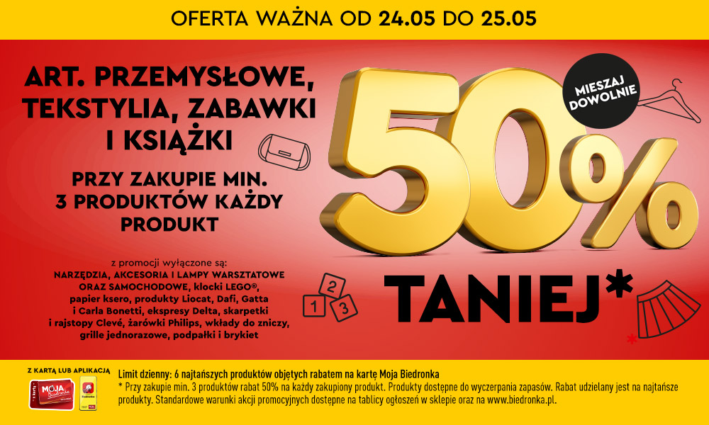 Biedronka - 50% taniej na art. przemysłowe, tekstylne i zabawki